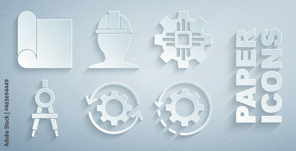 Poster set gear and arrows as workflow, processor, drawing compass, worker safety helmet and graphing paper