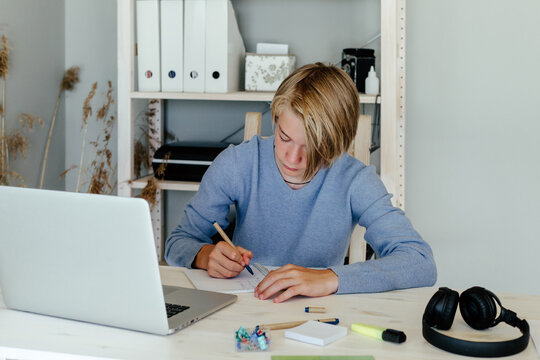 Focused boy studying at home with laptop