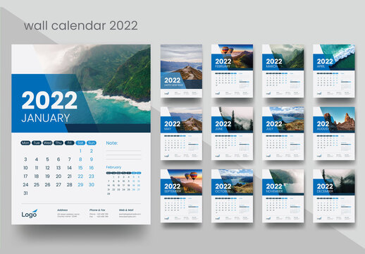 2022 Wall Calendar with Blue Minimal Accents