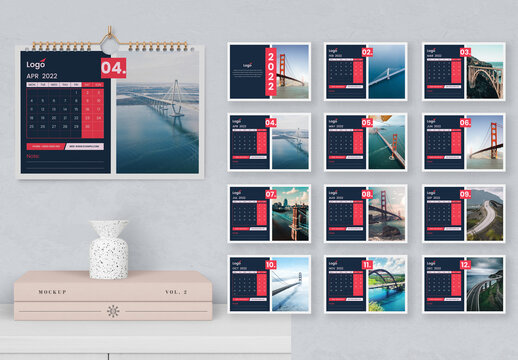 2022 Clean Desk Calendar with Red Premium Vector Layout