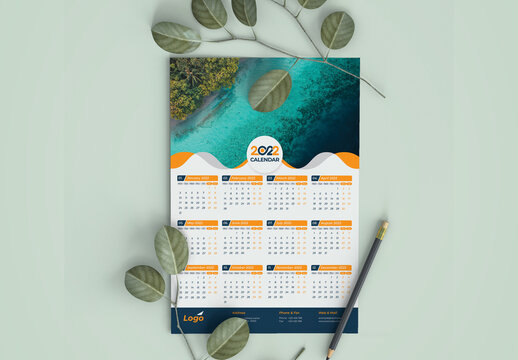 Single Page 2022 Wall Calendar with Orange Premium Vector Layout