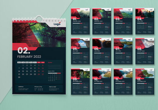 2022 Wall Calendar with Red Accents