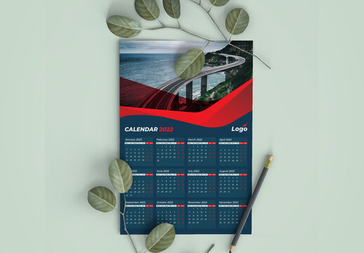 Single Page 2022 Wall Calendar with Red Vector Accents