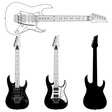 Electric Guitar Silhouettes Isolated on White Background. Vector Image