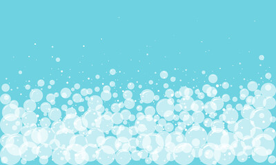 Soap abstract frame, foam bubble border, suds pattern. Transparent effervescent air bubbles stream on blue background. Cartoon soda pop. Fizzy drinks. Carbonated vector illustration