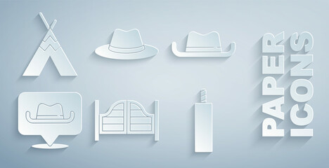 Set Saloon door, Western cowboy hat, Location, Dynamite bomb, and Indian teepee wigwam icon. Vector © Vadim
