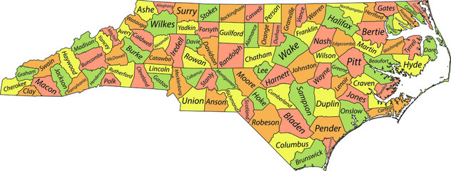 Pastel vector administrative map of the Federal State of North Carolina, USA with black borders and name tags of its counties