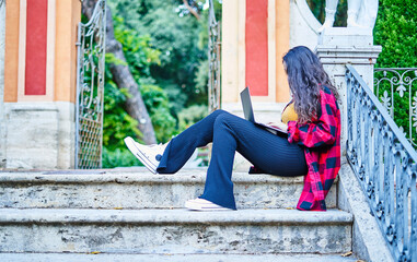 girl, park, learning, one person, school, studying, university, woman, working, laptop, 19, academic, book, campus, college, communicating, connection, course, cyberspace, ecommerce, education, electr