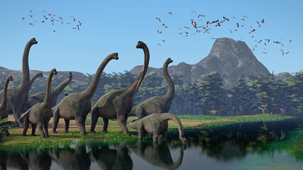 Brachiosaurus altithorax herd and a flock of Pterosaurs in a scenic Late Jurassic landscape  - obrazy, fototapety, plakaty