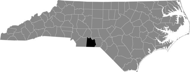 Black highlighted location map of the Anson County	inside gray administrative map of the Federal State of North Carolina, USA