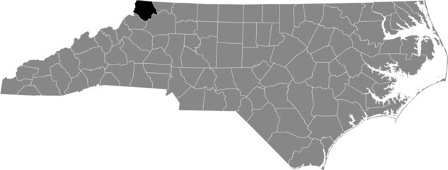 Black highlighted location map of the Ashe County inside gray administrative map of the Federal State of North Carolina, USA
