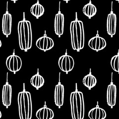 Vector seamless pattern of white Chinese lanterns on a black background. Brush drawing, grunge. Image for fabric, wrapping paper, wallpaper. Minimalism, hand drawing.