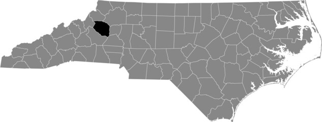 Black highlighted location map of the Caldwell County inside gray administrative map of the Federal State of North Carolina, USA
