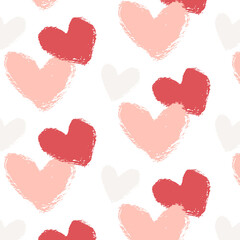 Obraz na płótnie Canvas Vector seamless pattern of pink hearts on a white background. Brush drawing, grunge. Love, Valentine, wedding. Image for fabric, wrapping paper, wallpaper. Minimalism, hand drawing.