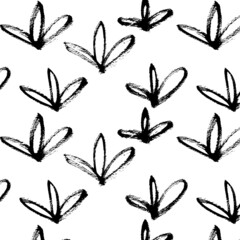Vector seamless pattern of black triple leaves on a white background. Brush drawing, grunge. Image for fabric, wrapping paper, wallpaper. Minimalism, hand drawing.