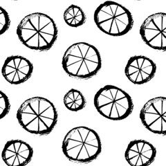 Vector seamless pattern of black stylized wheels on a white background. Bicycle, bike, transport. Brush drawing, grunge. Image for fabric, wrapping paper, wallpaper. Minimalism, hand drawing.