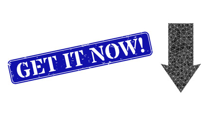 Low-poly down direction designed with randomized filled triangles, and grunge Get It Now! badge. Blue rounded framed rectangular stamp includes Get It Now! text inside framed rectangle form.