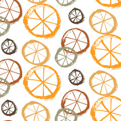 Fototapeta premium Vector seamless pattern from colored stylized oranges on a white background. Fruit, summer. Brush drawing, grunge. Image for fabric, wrapping paper, wallpaper. Minimalism, hand drawing.