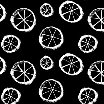 Vector seamless pattern of white stylized wheels on a black background. Bicycle, bike, transport. Brush drawing, grunge. Image for fabric, wrapping paper, wallpaper. Minimalism, hand drawing.