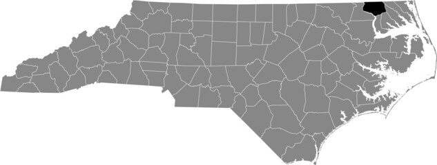 Black highlighted location map of the Gates County inside gray administrative map of the Federal State of North Carolina, USA