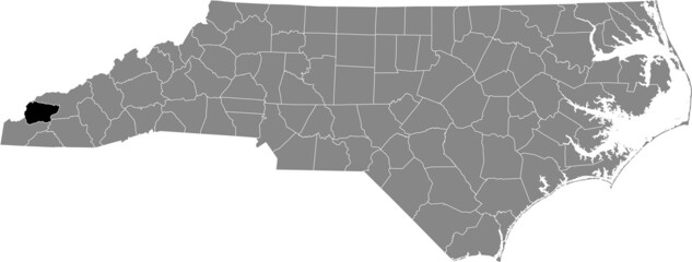 Black highlighted location map of the Graham County inside gray administrative map of the Federal State of North Carolina, USA