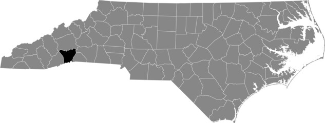 Black highlighted location map of the Henderson County inside gray administrative map of the Federal State of North Carolina, USA