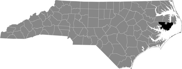 Black highlighted location map of the Hyde County inside gray administrative map of the Federal State of North Carolina, USA