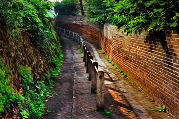 Narrow alley with brick wall and handrail in Oxford. A beautiful and traditional university town in western England. Oil paint filter.