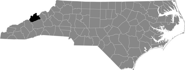 Black highlighted location map of the Madison County inside gray administrative map of the Federal State of North Carolina, USA