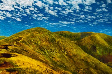 Foto op Canvas Hilly landscape with peaks and fields in a sunny day at the Lake District. A mountain region with astonishing scenery in England. Oil paint filter. © Celli07