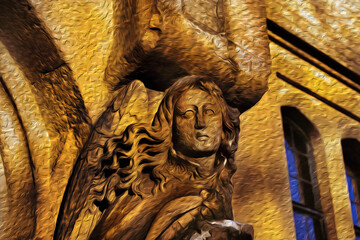 Sculpture in format of angel on a gothic building in London. Capital of England is also one of the most important cities of world. Oil paint filter. © Celli07