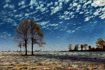 Bare isolated trees on a flat field covered by snow, in a sunny winter day at the French countryside. Oil paint filter.