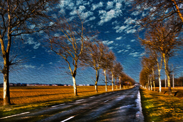 Paved side road with bare trees alongside, going through flat lands fields in a winter day at the French countryside. Oil paint filter.