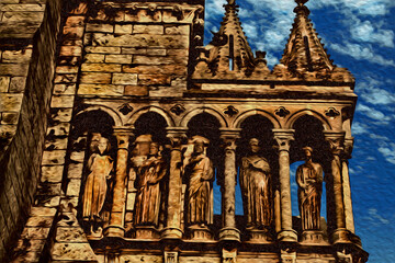 Statues illustrating theological themes at the external side of Chartres Cathedral. A well-preserved gothic church in France. Oil paint filter.