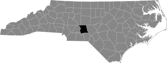 Black highlighted location map of the Montgomery County inside gray administrative map of the Federal State of North Carolina, USA