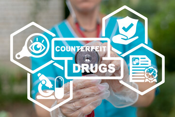 Medical and pharmaceutical concept of counterfeit drugs. Counterfeits pills and medicine device. Counterfeiting control and fight. - obrazy, fototapety, plakaty