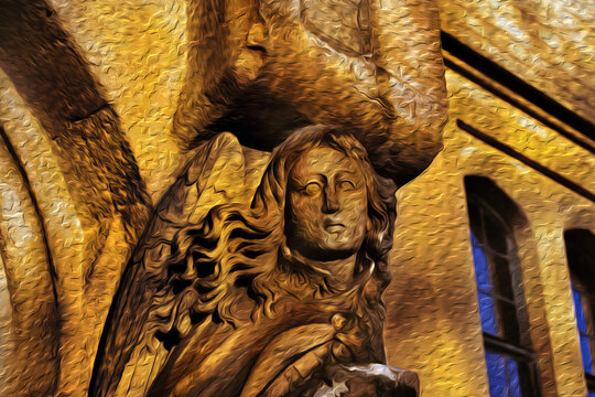 Sculpture in format of angel on a gothic building in London. Capital of England is also one of the most important cities of world. Oil paint filter.