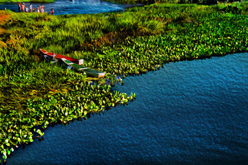 Small wooden boats moored amid aquatic vegetation. At the tropical beach of Itaunas in the northwestern Brazilian coastline. Oil Paint filter.