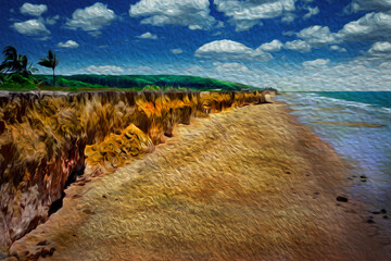 Landscape of beautiful cliffs by the sea in a sunny day. At the tropical beach of Itaunas in the northwestern Brazilian coastline. Oil Paint filter.
