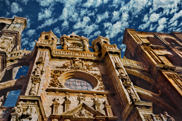 Steeple and facade from the gothic Cathedral of Astorga. A town on the Way of St. James, a Catholic pilgrimage route in Spain. Oil paint filter.