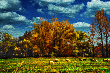 Rural landscape with flock of sheep grazing on green fields at the Way of St. James. A Catholic pilgrimage route in Spain. Oil paint filter.