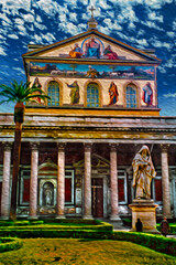 Facade and sculptures at the Basilica of Saint Paul Outside the Walls in Rome. The old capital of Italy, known as The Eternal City. Oil paint filter.