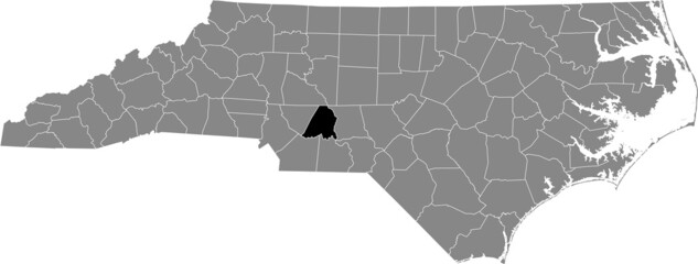 Black highlighted location map of the Stanly County inside gray administrative map of the Federal State of North Carolina, USA