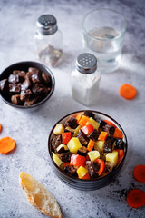 Beef potato carrot eggplant pepper stew in the bowl