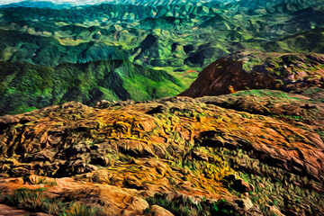 Peaks and valleys covered by forest at the Marins Peas. One of the highest points at the Mantiqueira Ridge, in Brazil. Oil Paint filter.