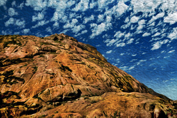 Steep rocky cliff on the side of Marins Peak, one of the highest points at the Mantiqueira Ridge, in the brazilian countryside. Oil Paint filter.