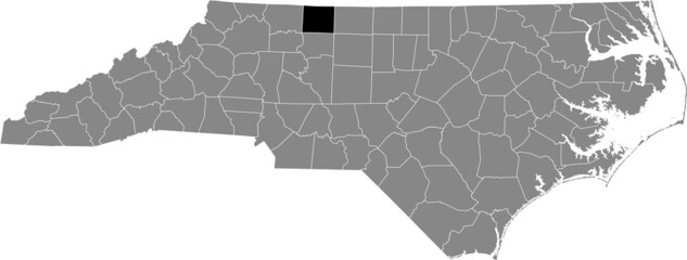 Black highlighted location map of the Stokes County inside gray administrative map of the Federal State of North Carolina, USA