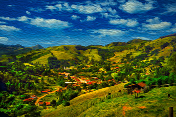 Small village on hilly landscape with valleys covered by forest at the Mantiqueira Ridge, in the Brazilian countryside. Oil Paint filter.