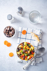 Beef potato carrot eggplant pepper stew in the bowl