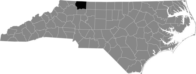Black highlighted location map of the Surry County inside gray administrative map of the Federal State of North Carolina, USA
